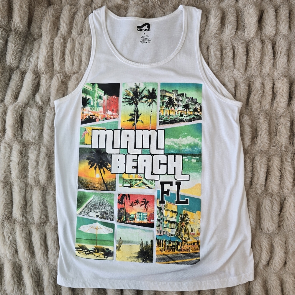 Surf Style Tank Top Men's White Miami Beach Florida Graphic Print